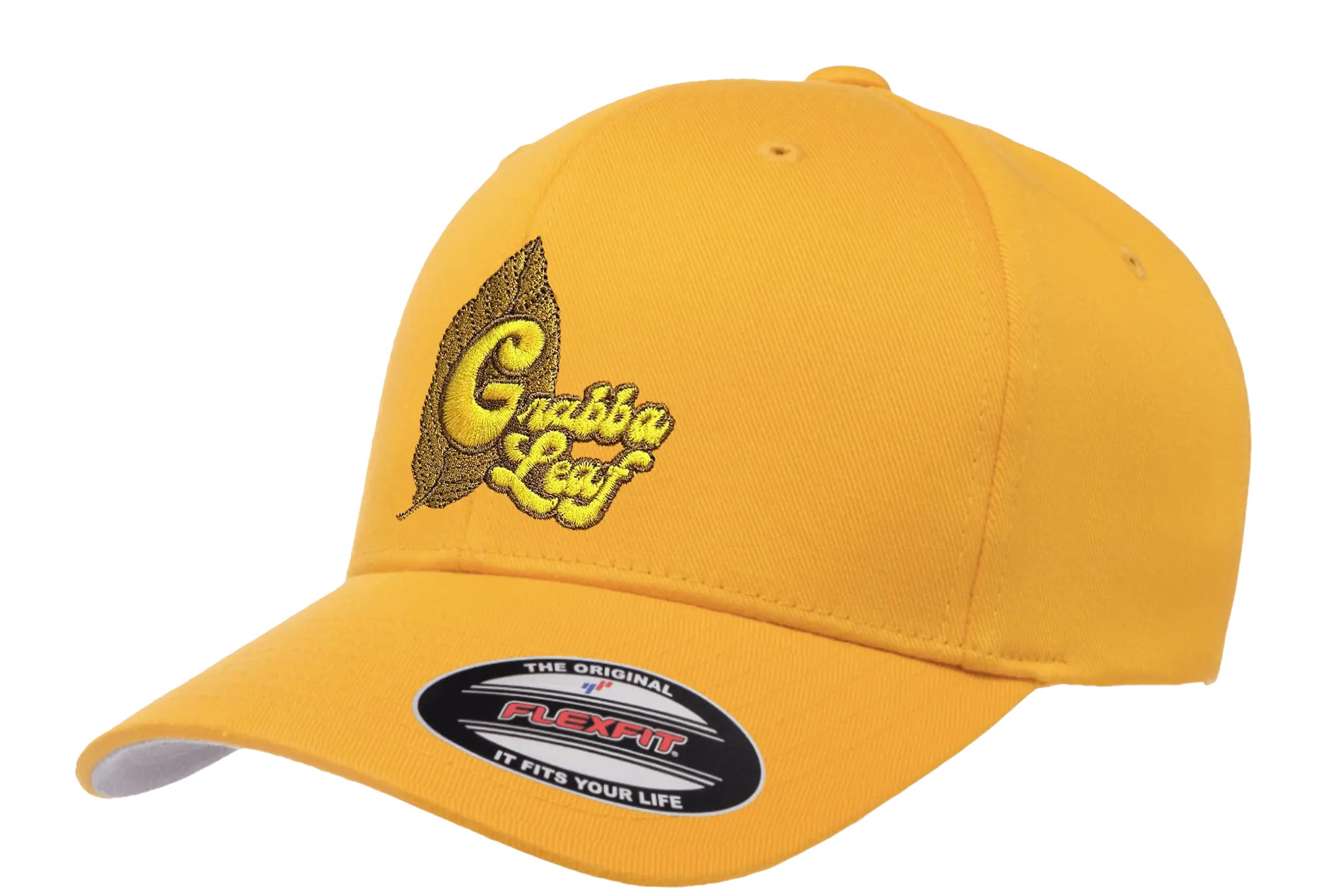 Grabba Leaf Yellow Flexfit Cap (Side). Yellow Flexfit cap with curved brim and embroidered Grabba Leaf logo visible on the side.
